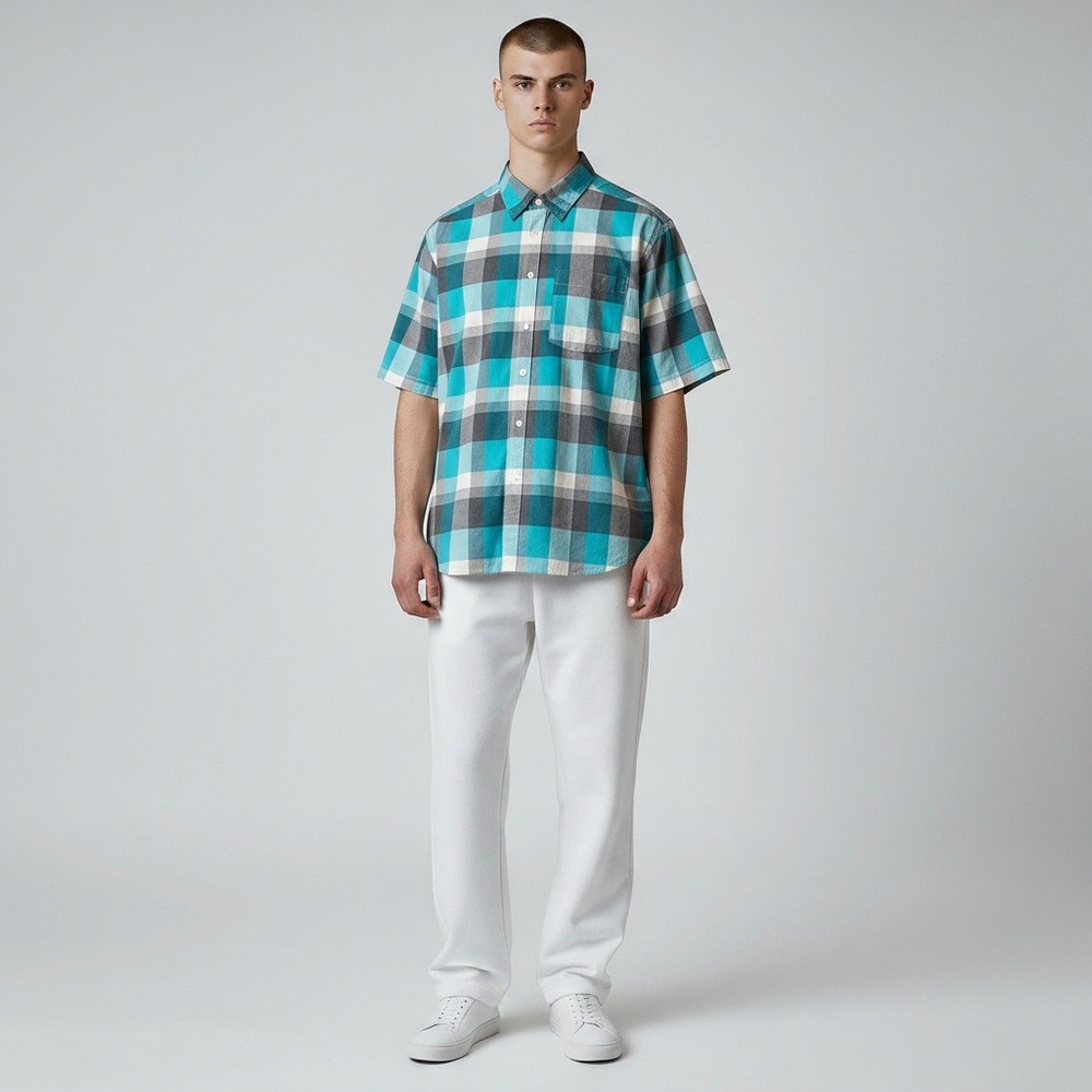 Ben Sherman Button Down Shirt XL Teal Grey Plaid Short Sleeve Cotton Stretch